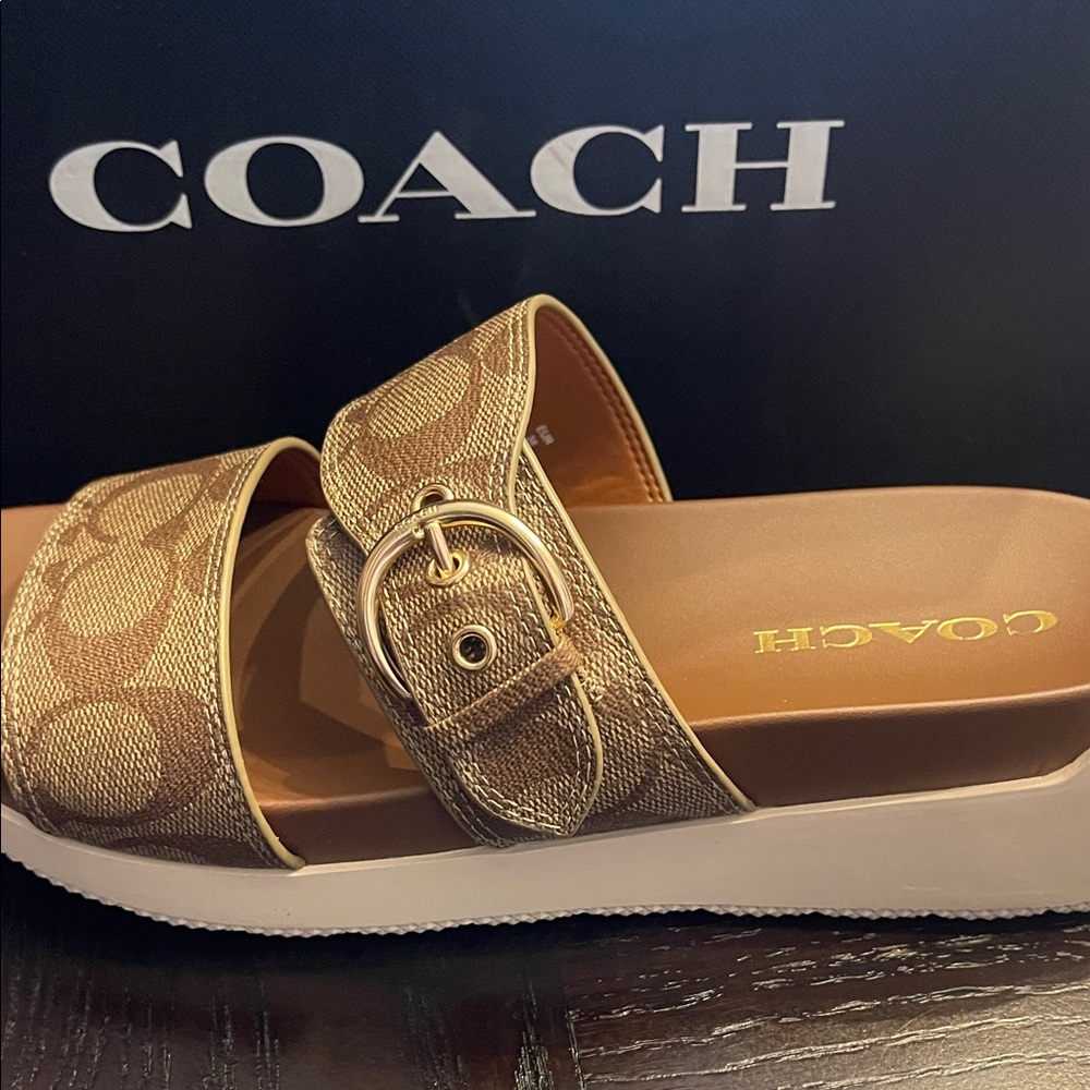 Coach Tan Slide Sandals with Gold Buckle
